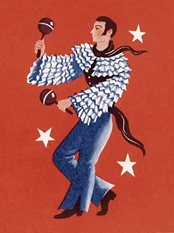 Red Background Prints: Man Playing the Maracas