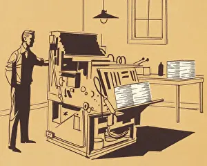 Brown Background Prints: Man and Printing Press