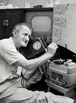 Scoreboard Prints: Man With Radios, Baseball Scoreboard