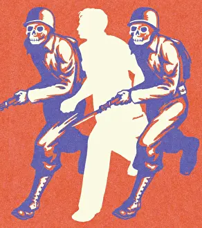 Red Background Prints: Man Running With Skeleton Soldiers