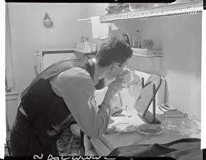 Shaving Prints: Man Shaving While Eating Breakfast at Kitchen Counter