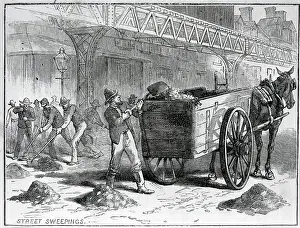 Man Shovels Garbage Into Cart; Woodcut