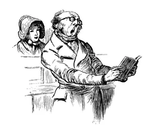 Mouth Open Prints: Man singing from a hymn book in church