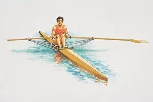 Man sitting in a single scull long rowing boat