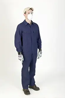 Coveralls Prints: Man standing, wearing overalls, mask, gloves and cap