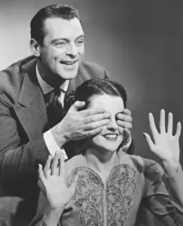 Blouse Prints: Man standing behind woman, covering her eyes (B&W)