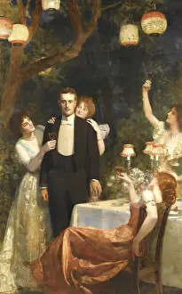 Lamp Prints: A man in a suit is surrounded by woman celebrating at a dinner with lanterns