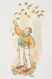Images Dated 7th August 2006: Man throwing autumn leaves in the air
