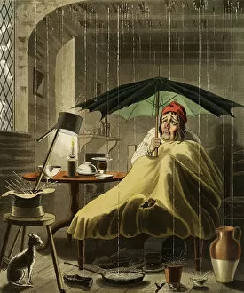 Keith Lance Illustrations Collection: Man with Umbrella Under a Leaky Roof