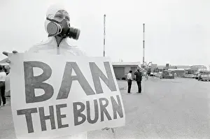 Toxic Waste Prints: Man W/Gas Mask, Sign; Ban The Burn
