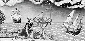 Prints of (Original Caption). Illustration of medieval taking navigational measurements with ships in the background. He stands at the shoreline using a sextant to measure the position of a celestial body Discover the beauty and mystery of the medieval era: Man W/Sextant, Ships In Backgrd