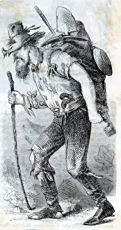 Backpack Prints: Man Walking W/Cane And Pack On Back;Illu
