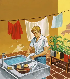 Chores Prints: Man Washing Dishes