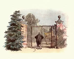 Images Dated 9th January 2018: Man watching horse and cart drive passed his closed gate