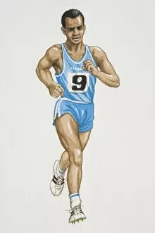 Man wearing blue vest and shorts running, front view