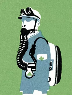 Man Wearing a Protective Suit and Gas Mask