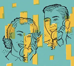 Bingo Caller Prints: Man and Woman on Telephone