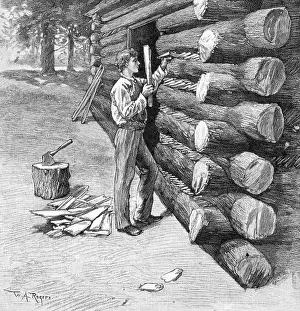 Filling Prints: Man Working On Log Cabin Full Length