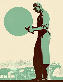 Art Illustrations Gallery: Man Working on Machine Part