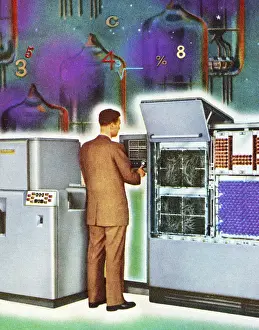Control Panel Prints: Man Working at Vintage Computer