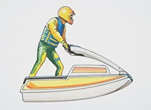 Dorling Kindersley Prints Collection: Man in a yellow helmet riding a jet ski, side view