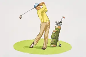 Club Prints: Man in yellow jumper, beige trousers and cap swinging golf club
