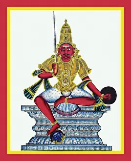 Demon Prints: Manarsvami sits in lalitasana on a throne