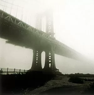 Metal Gallery: Manhattan bridge in mist in New York City, NY