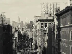 Manipulated high-angle view of Manhattan with the Chrysler Building far away in the horizon. New York City, USA