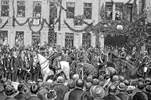 Manoeuvre, Kaiser Wilhelm II Comes to the Town of Muehlhausen, Germany, Historical, digital reproduction of an original 19th-century master copy