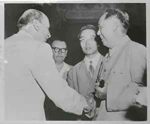 Prints of (Original Caption). The famous though mysterious chairman of the Central People's Government of the People's Republic of China, Mao Tse-Tung (right), greets Clement R A Quiet Strength: A Leader Who Shaped Modern Britain: Mao Tse-Tung with Clement R. Attlee