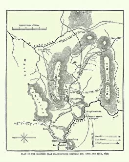 Historcal Battle Maps and Plans Collection: Map of the area around Isandlwana, Anglo-Zulu War, 1879