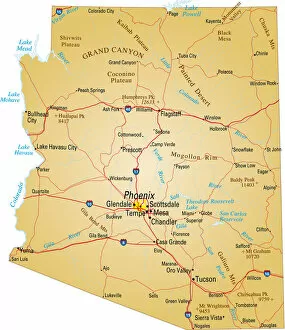 Images Dated 29th May 2018: Map of Arizona, USA highways, major roads, and rivers