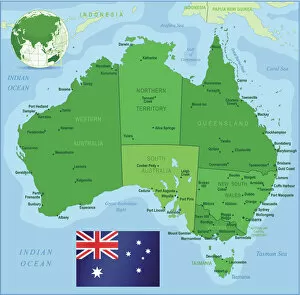 National Flag Gallery: Map of Australia with states, cities and flag