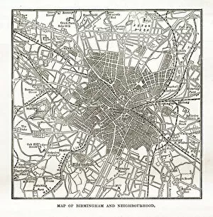 Images Dated 13th April 2018: Map of Birmingham and Neighborhoods, England Victorian Engraving, 1840