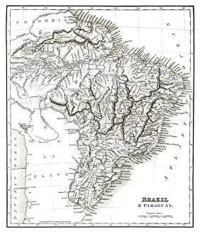 Peru Prints: Map of Brazil and Paraguay (early 19th century steel engraving)