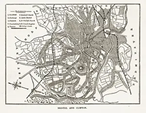 Map of Bristol and Clifton in Yorkshire, England Victorian Engraving, Circa 1840