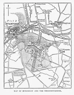 1840 1849 Prints: Map of Burghley and Neighborhoods, England Victorian Engraving, 1840