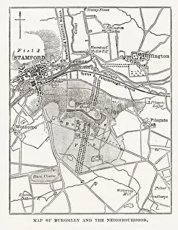 Map of Burghley and Neighborhoods, England Victorian Engraving, 1840