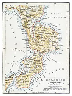Map of the Calabria peninsula, Italy - 1893