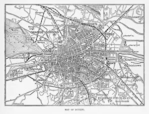 Irish Culture Prints: Map of the City of Dublin, Ireland Victorian Engraving, 1840