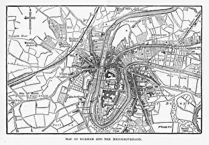 Great Britain Prints: Map of the City of Durham, England Victorian Engraving, 1840