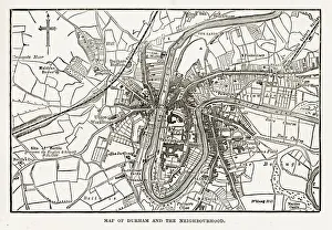 Durham Prints: Map of the City of Durham, England Victorian Engraving, 1840