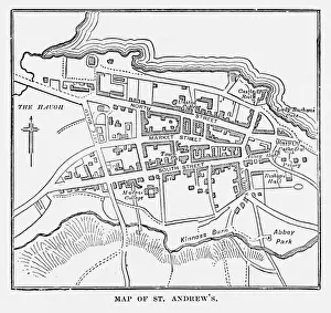 Thoroughfare Prints: Map of the City of St. Andrewas, Scotland Victorian Engraving, 1840