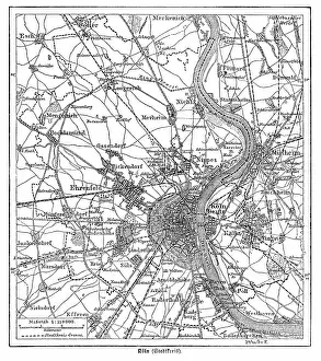 Map of Cologne, Germany engraving from Brockhaus Conversations-Lexikon 1898