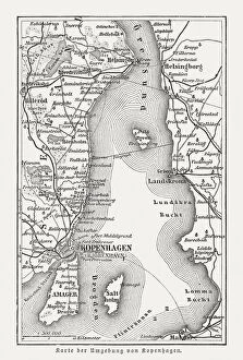 Scandinavian Culture Gallery: Map of Copenhagen and sourroundings, Denmark, wood engraving, published 1897