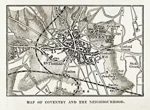 Images Dated 4th April 2018: Map of Coventry in Warwickshire, England Victorian Engraving, 1840