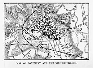 Village Gallery: Map of Coventry in Warwickshire, England Victorian Engraving, 1840