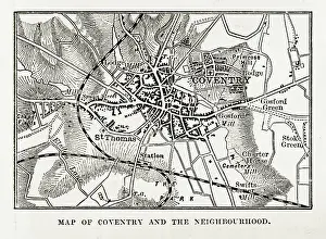 Map of Coventry in Warwickshire, England Victorian Engraving, 1840