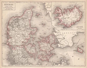 Images Dated 8th May 2015: Map of Denmark and Iceland, lithograph, published in 1875